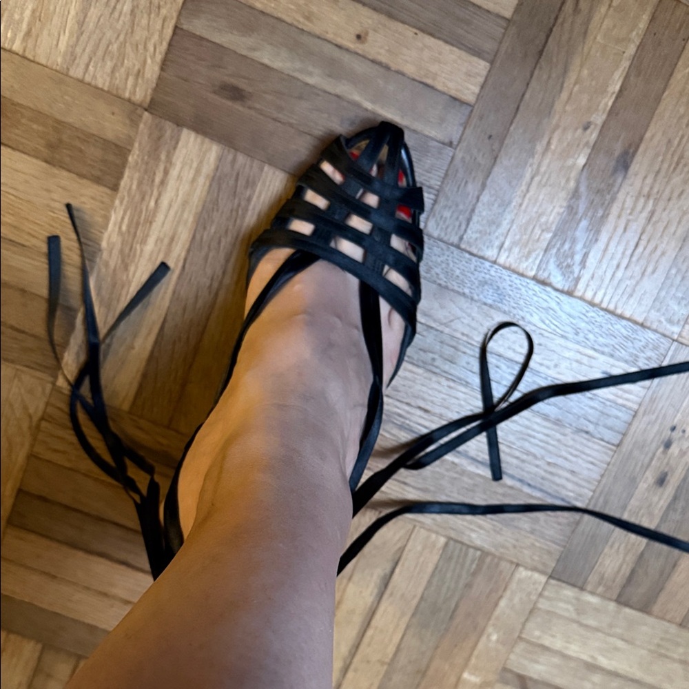 Yves Saint Laurent Black Satin Lace-Up Cage Heels - Picture 8 of 10